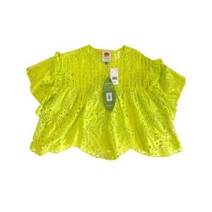 Farm Rio Lime Green Richilier Blouse Women's Size S Palm Tree Eyelet Ruffle $185